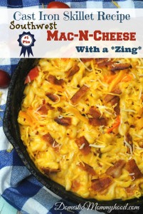Around our house we just love coming up with fun and easy cast iron skillet recipes. This week we are featuring one of my favorite comfort food of all time. It's easy, cheesy, and oh so good! We love making skillet recipes, just like my grandma used to. She always said it's the pan with the flavors built right in. This great recipe is the ultimate in comfort food and wonderfully spicy! I hope you enjoy it just as much as we do. :) Cast Iron Skillet Recipe: Mac N Cheese with a Zing! Shopping List: 1 ½ Cups milk (whole works best) 4 tsp. flour ¼ Cups unsalted butter 1 Cup goat`milk cheese 1 Cup gruyere cheese ½ to 1 whole medium red bell pepper, chopped ½ to 1 whole medium orange bell pepper, chopped ½ to 1 whole medium yellow bell pepper, chopped 8 slices bacon, crisp cooked and crumbled (grandma says 4 but I like a lot of bacon) 8 oz elbow macaroni, cooked and drained 1 TBSP Southwest seasoning Directions: Preheat your oven to 350° Cook bacon as you usually would. Chop peppers and set aside. Cook elbow macaroni and set aside. I always run cool water over mine to stop the cooking process. Others swear this is a bad idea but it works well for me. I hate soggy noodles. In a medium size pot combine milk, butter, seasoning and flour. Cook and medium heat until mixture thickens. Make sure you stir frequently to avoid scorching. Add in the cheese and stir until melted and blended well. Crumble bacon and mix into the cheese mixture, along with the peppers. Spray your cast iron skillet with cooking spray and pour in your macaroni and cheese mixture.